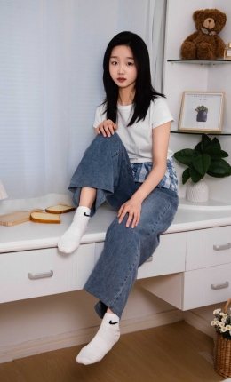 【足愉心摄影】第27期：模特奶芙（搭配：白色T恤、牛仔长裤、德训鞋、白色棉袜、裸足